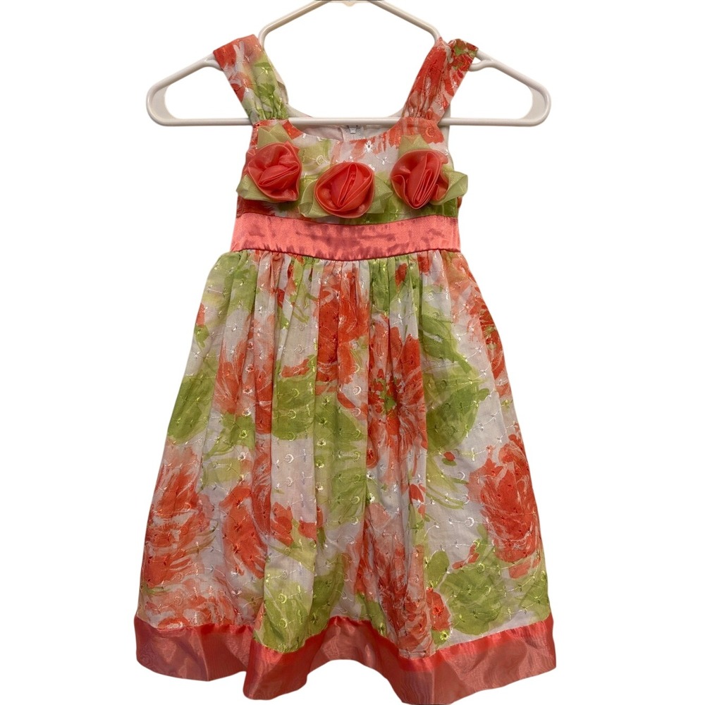Bonnie Jean Coral and Lime Floral Dress with Rosette Accents Girls Size 5